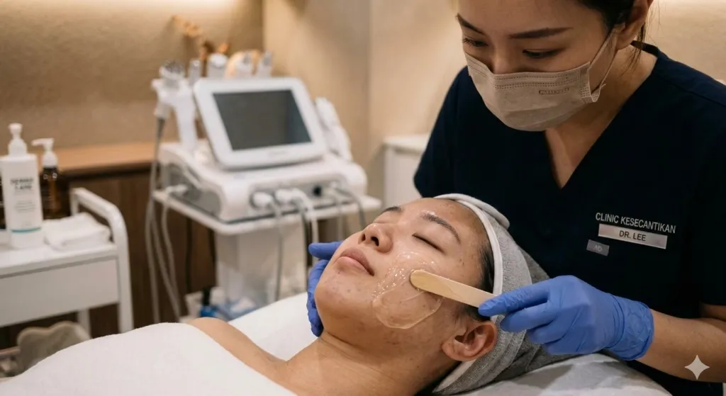 proses pengolesan gel pada wajah sebelum memulai DPL treatment